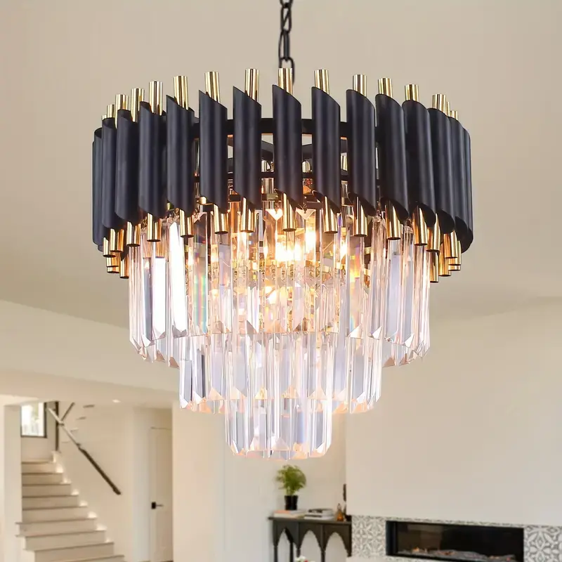 Modern Black & Gold Crystal Chandelier, 15.7-Inch 3-Tier K9 Dimmable Pendant Light, E12 Base Fixture for Dining Room Living Room Bedroom Hallway, Luxury Home Decor, Bulbs Not Included