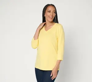 Denim & Co. Essentials True Cotton 3/4 Sleeve Top w/ Trim Detail