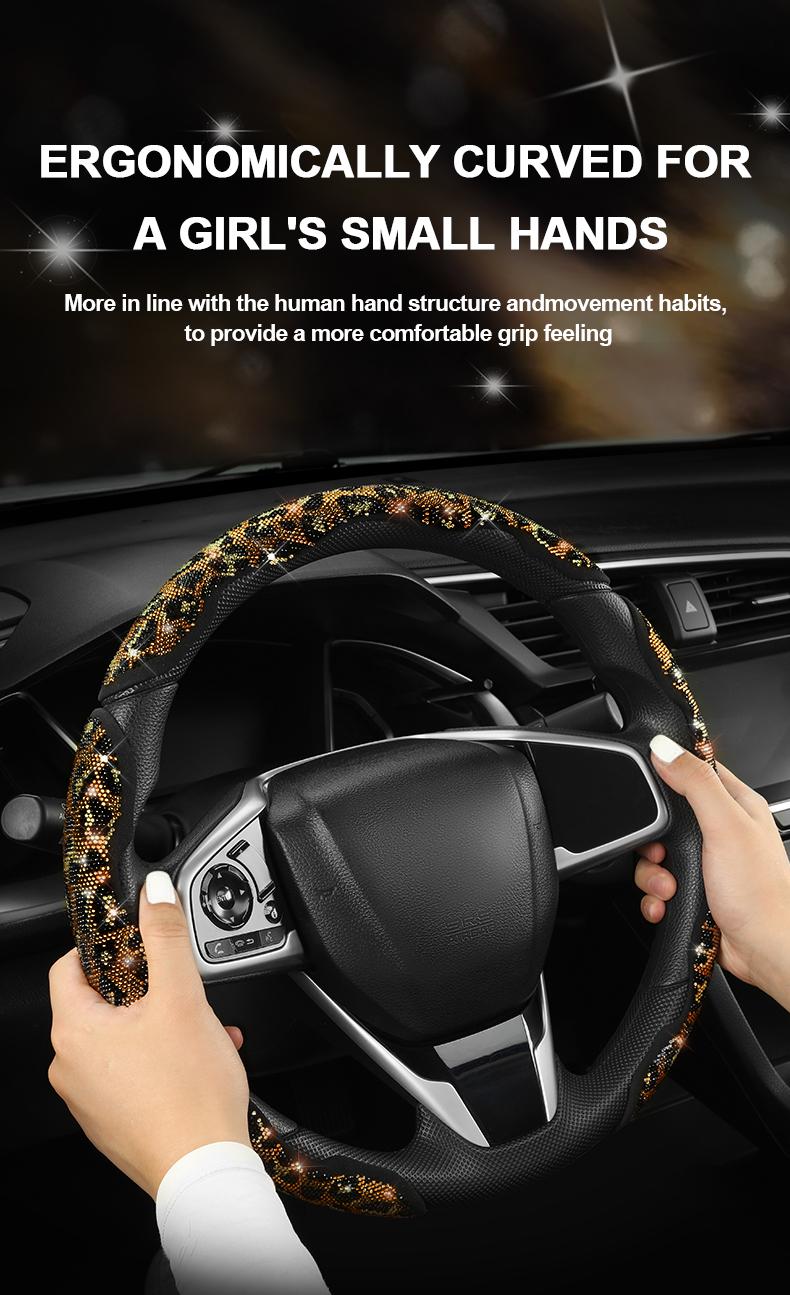 Queen's Land Leopard Print Diamond Bling Sparkly Car Steering Wheel Cover with Crystal Rhinestones, 3PCS Segmented Stylish Protector, Universal 13-15 Inch Fit for Women;Christmas Gift;Holiday Gift,car accessories for girls