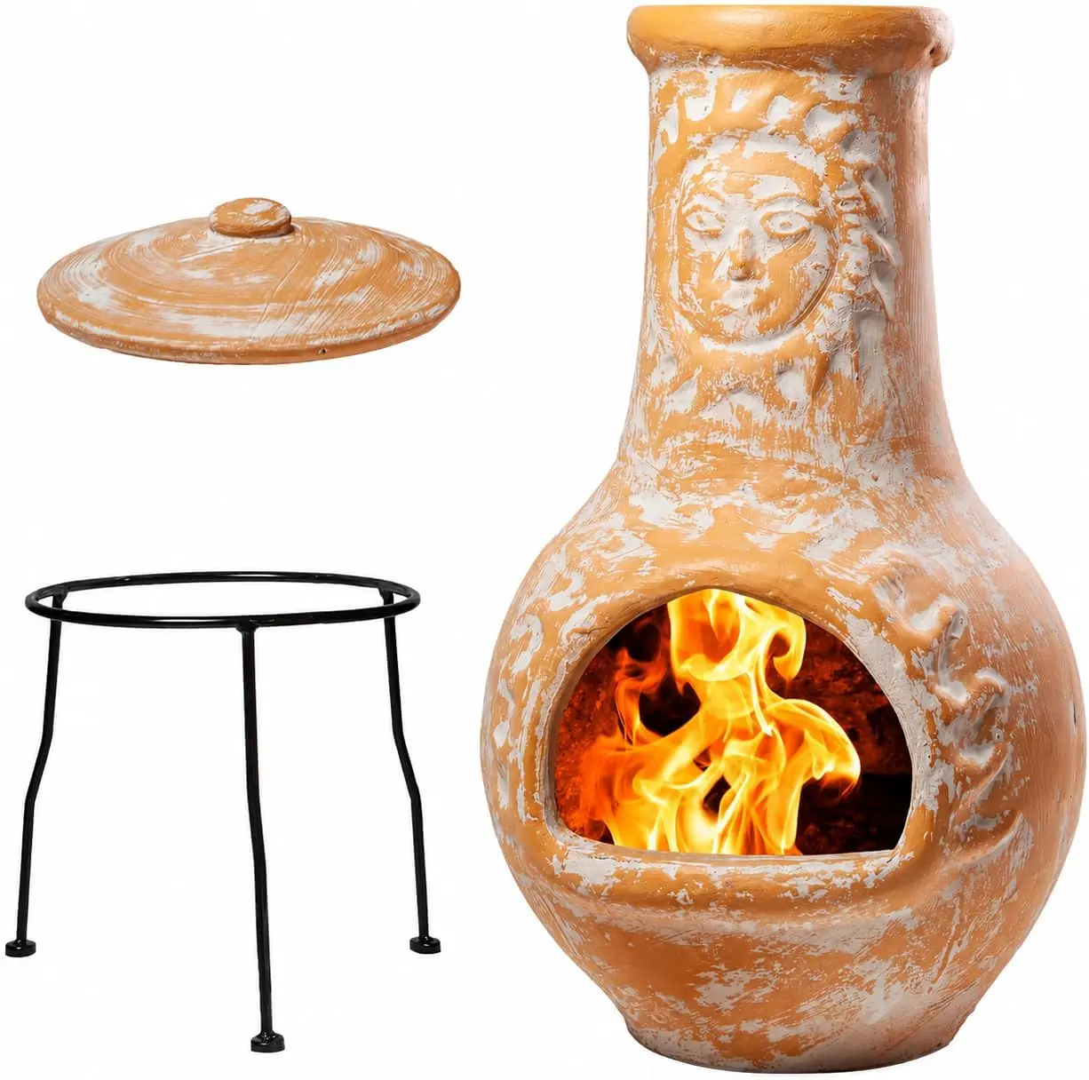 Wiosi Medium 𝗖𝗵𝗶𝗺𝗶𝗻𝗲𝗮 Outdoor Fireplace for Patio Clay Chimineas with Chimney Rain Lids and Solid Metal Stands - Yellow Terracotta Chimenea - Rustic Wooden Fire Pit Chimnea 16 x 16 x 32-inch