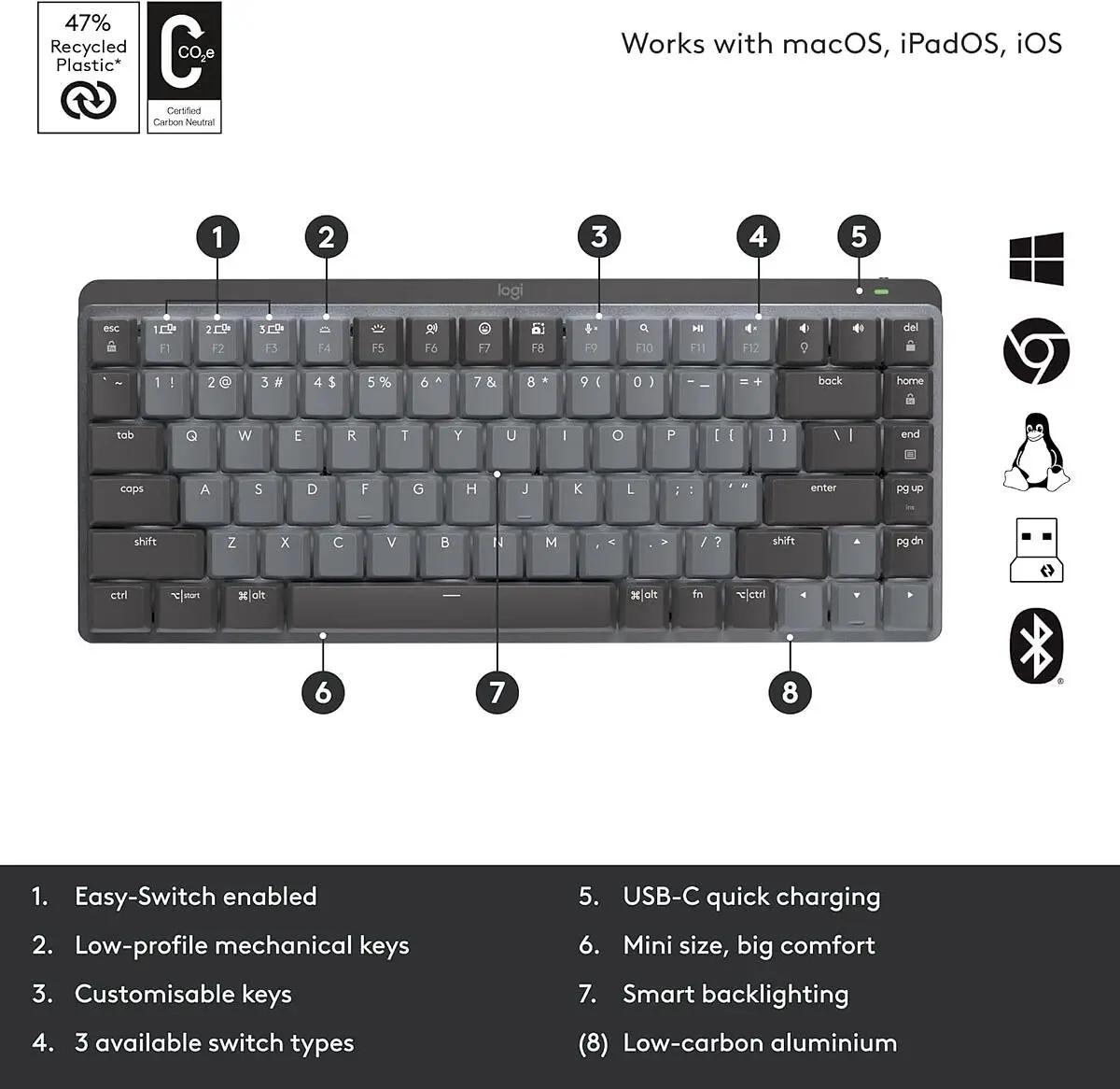 Logitech MX Mechanical Mini Wireless Illuminated Keyboard, Clicky Switches, Backlit, Bluetooth, USB-C, macOS, Windows, Linux, iOS, Android, Graphite