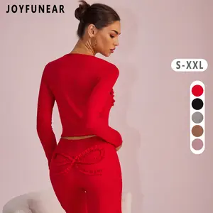 Joyfunear Solid Color Knitted Long-Sleeved Round Neck Top & Casual Straight-Leg Pants Set with Bow Decoration for Daily Wear