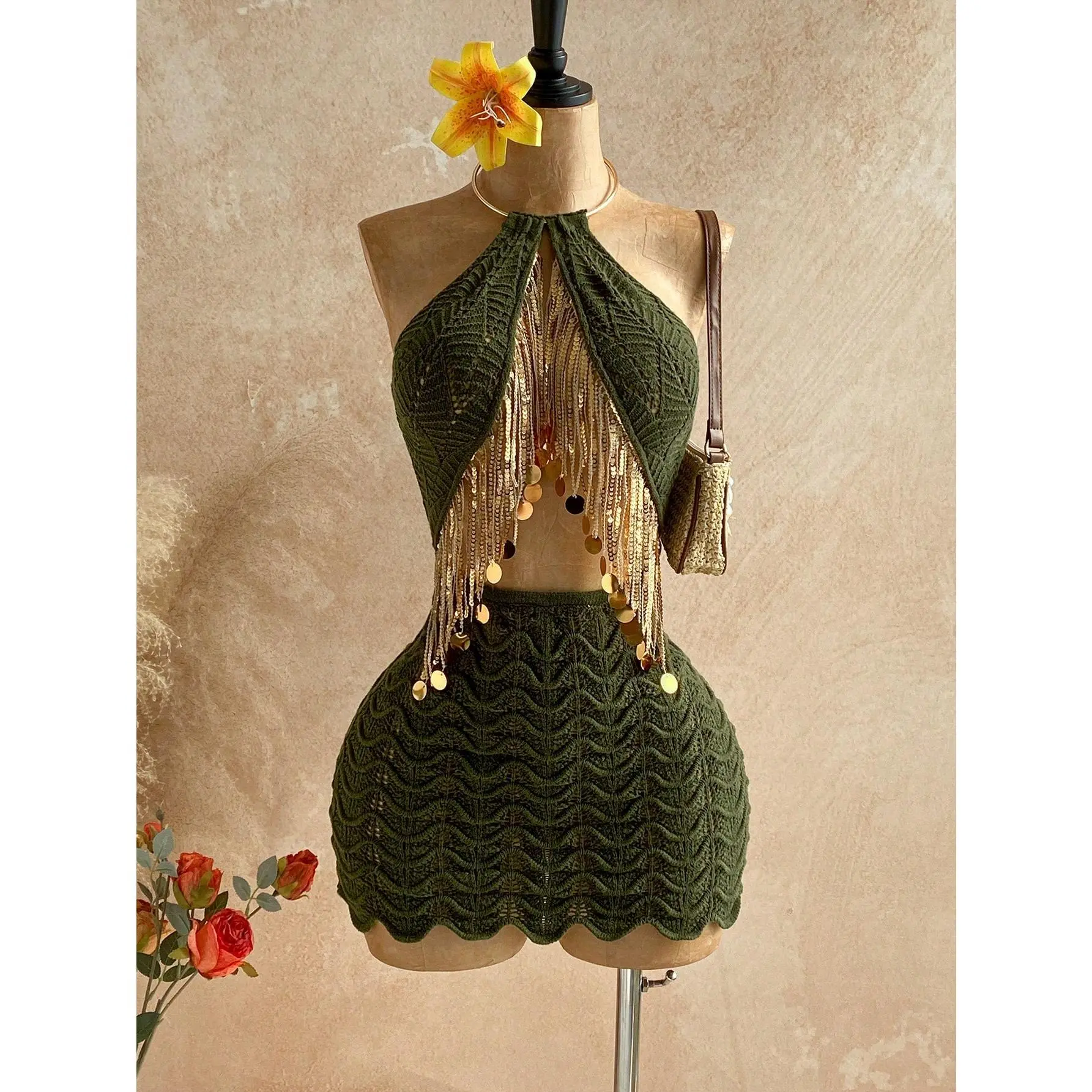 DealsForYouDays Vacation Beach Sequin Tassel Decor Backless Halter Mini Knit Dress, Summer Holiday Outfits , Beach Vacation Outfits For Women, Casual Outfit For Women
