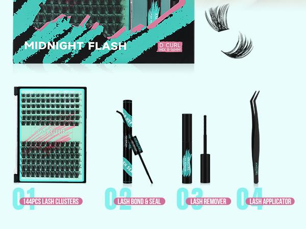 AMZGIRL LASH DIY Lash Extensions Kit 144pcs Midnight Waterproof Eyelashes Makeup Cosmetic Set with Bond Seal Remover Applicator