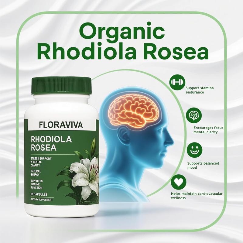 Natural Rhodiola Rosea Wellness Capsules 500mg - Natural Adaptogen Supplement for Stress Support, Mental Focus & Energy - (60 Capsules) -Non-GMO