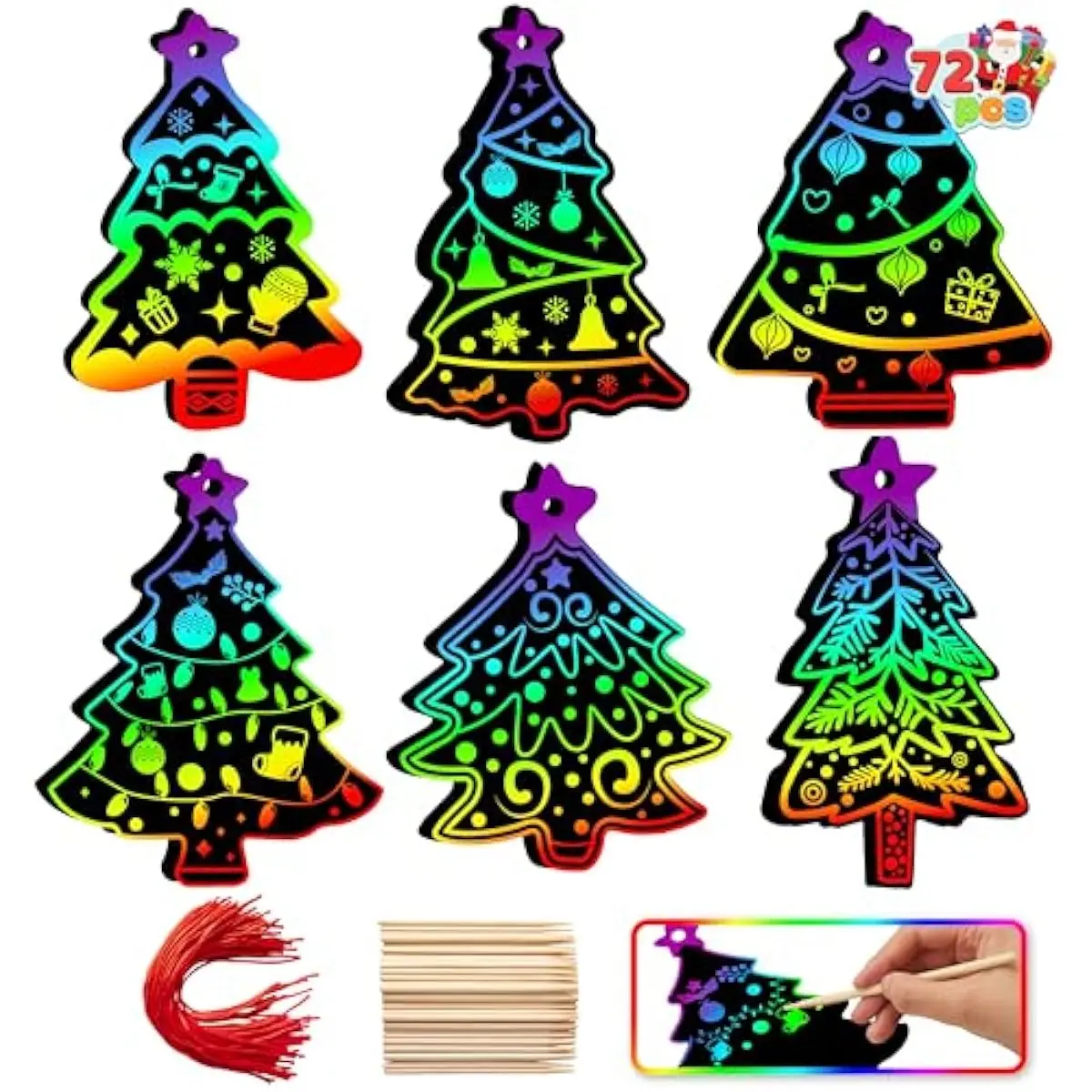 JOYIN 72 Pcs Christmas Scratch Art Ornaments, Rainbow Color Scratch Paper Off Craft Kit Includes Xmas Tree, Christmas Hanging Ornament for Kids Holiday Party Favor, Classroom Activities Game Supplies