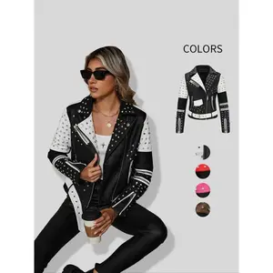 Women's Spring Autumn Jacket with Belt, Casual Vintage Simple Motorcycle Jacket, Rivet Coat with Pockets and Asymmetrical Zipper