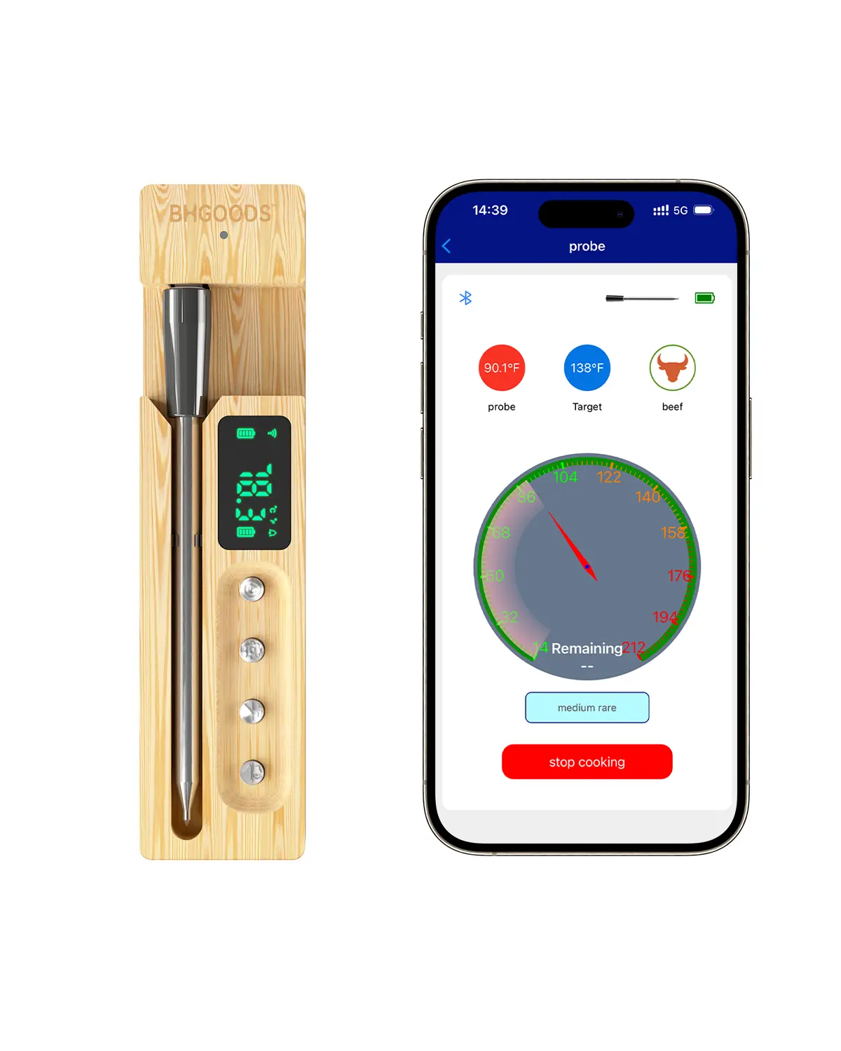 BHGOODS Modern Wireless Smart Digital Meat Thermometer - Home Kitchen Gadget, Food Thermometer with LED Display, Bamboo Base, 730ft App Remote Monitoring, IP68 Waterproof, USB Charging for BBQ, Cooking