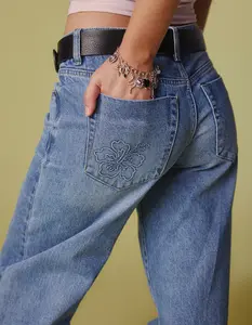 RSQ Womens Low Rise Embroidered Hibiscus Baggy Jeans