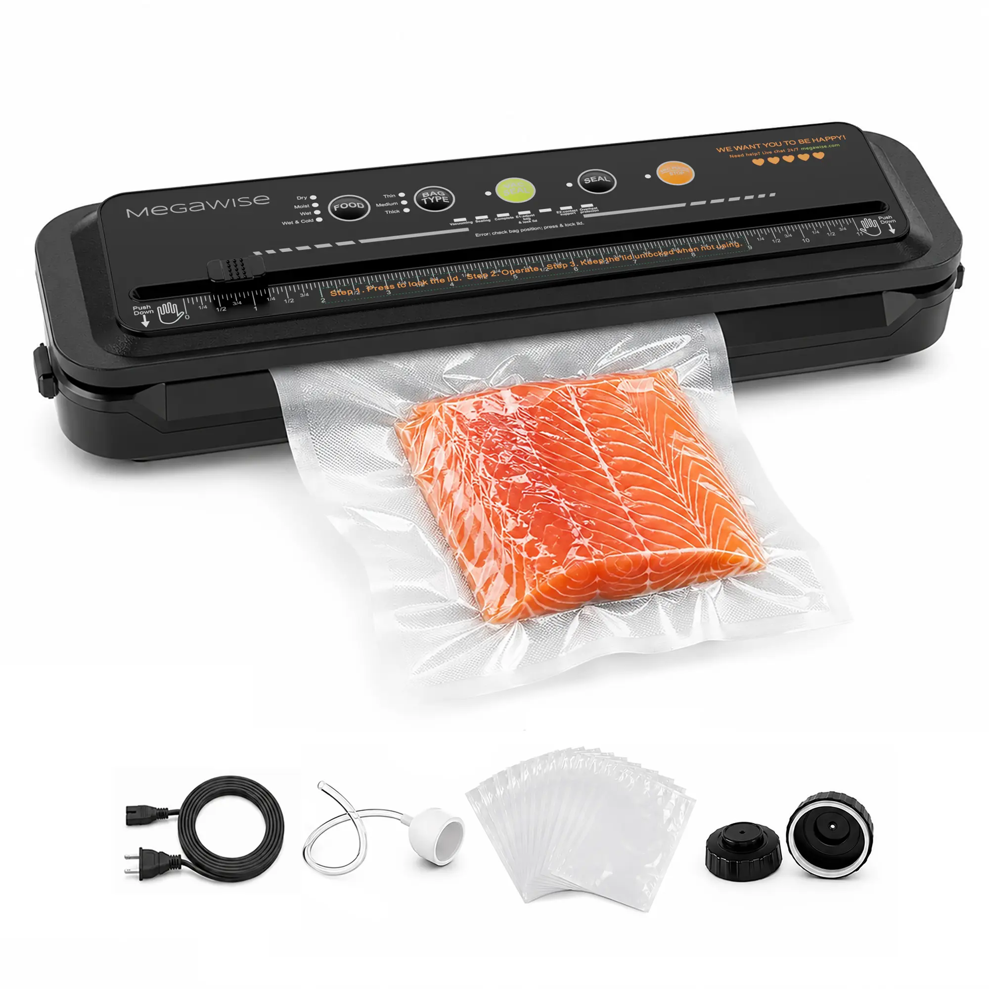 MEGAWISE Food Vacuum Sealer Machine, 80kPa Suction Power Automatic Sealer with Built-in Cutter, Dual Dry & Moist Modes, External Vacuum System, 10 Bags, Slim Profile 1-Touch Compact Black Design, Dual Modes