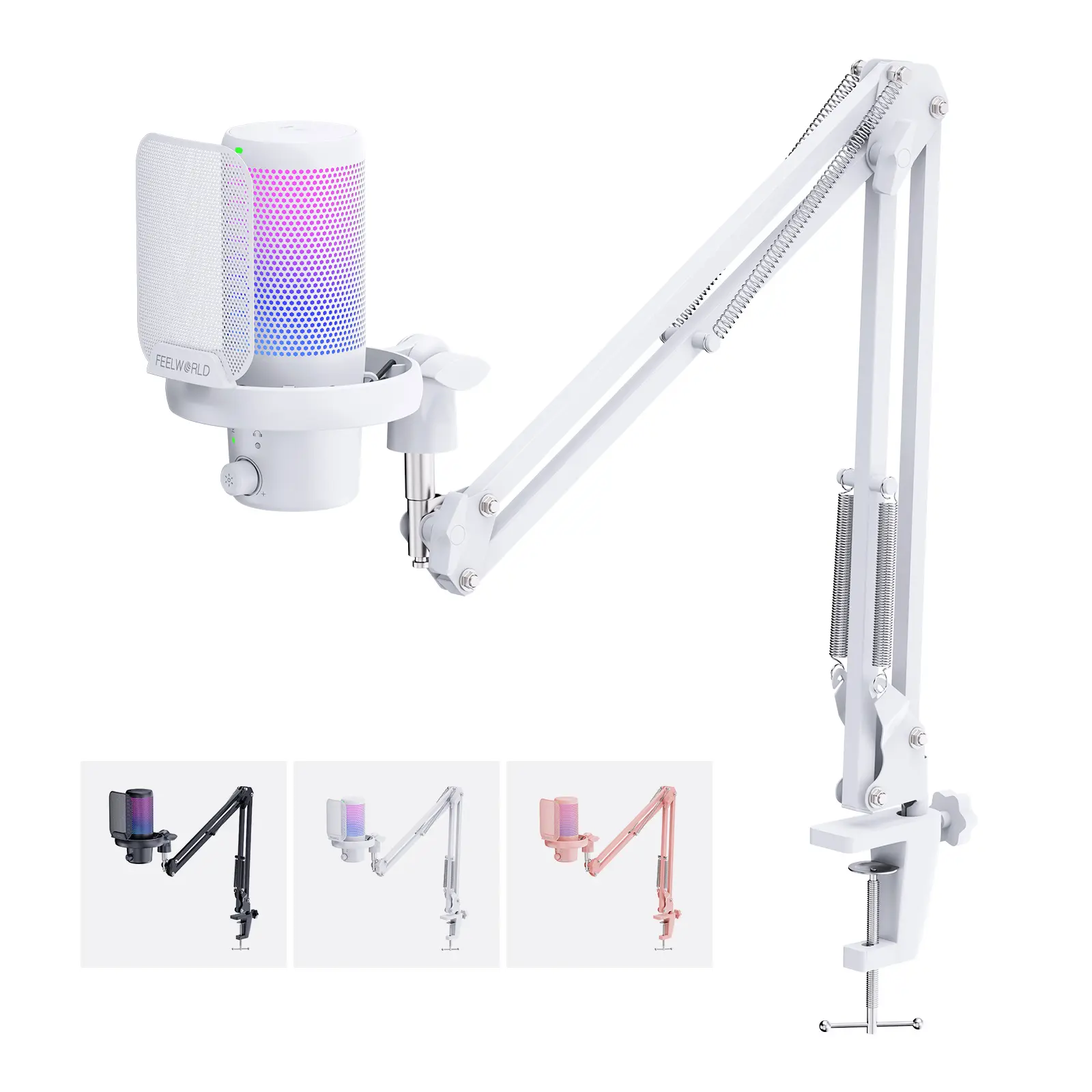 FEELWORLD VM1 Gaming PC USB Microphone White Pink Black Optional with Boom Arm Stand Noise Cancellation RGB Light Mute for Gamer YouTube Twitch Podcast Streaming Recording Chat PS4 PS5