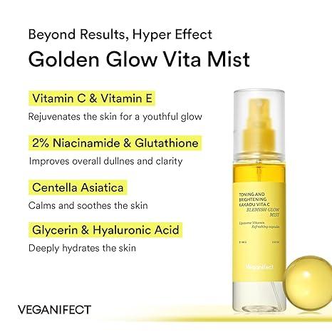 VEGANIFECT Vitamin C Glow Mist for Radiant Skin, Hydrating Serum Mist with Niacinamide & Glutathione, Korean Vegan Skincare, 3.38 Fl Oz