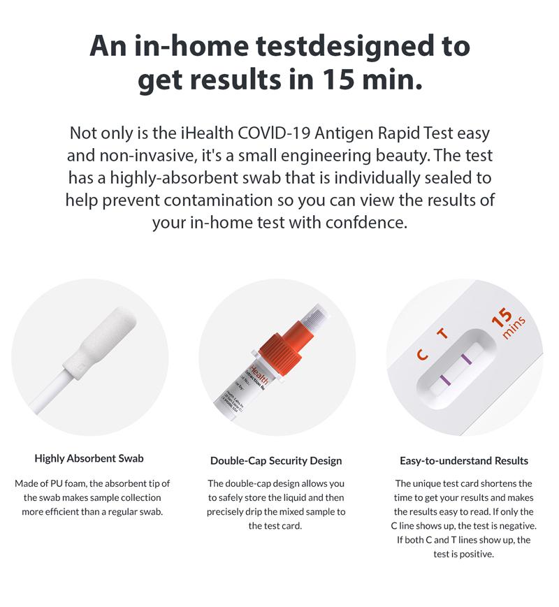 iHealth COVID-19 Antigen Rapid Test, 1 Pack, 2 Tests Total, FDA EUA Authorized OTC at-Home Self Test, Results in 15 Minutes with Non-invasive Nasal Swab, Easy to Use & No Discomfort