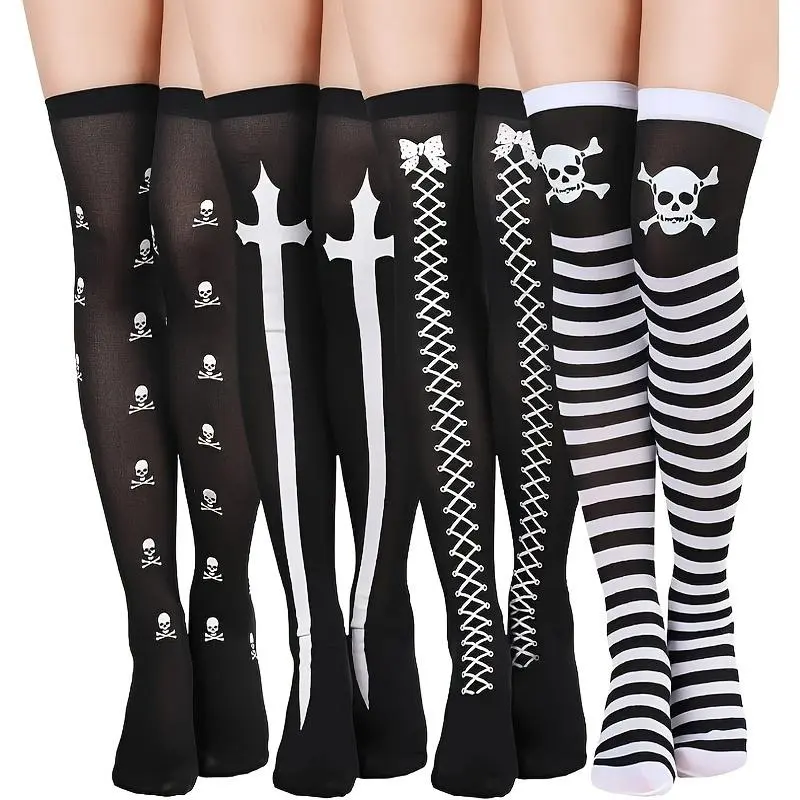 Women's 4-Pair Polyester Thigh High Stockings - Skull-Print Cosplay Socks for Festival, Lady's Halloween Party Wear, Thigh Highs