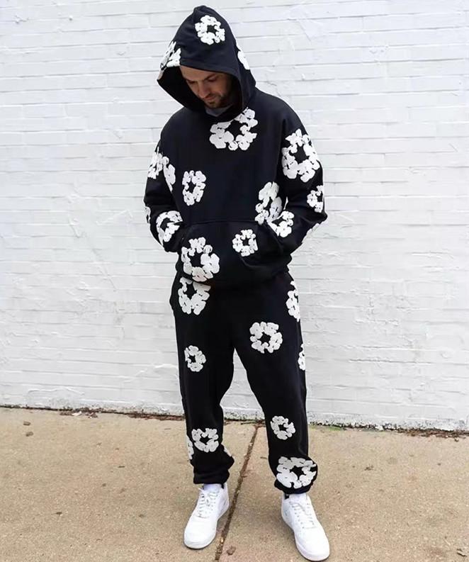 DENIM TEARS Brand Hot Selling New Fashionable Cotton Foamprinted Hoodie European and American Trendy Men's Sportssuit Pink Floral Design with Hood and Drawstring