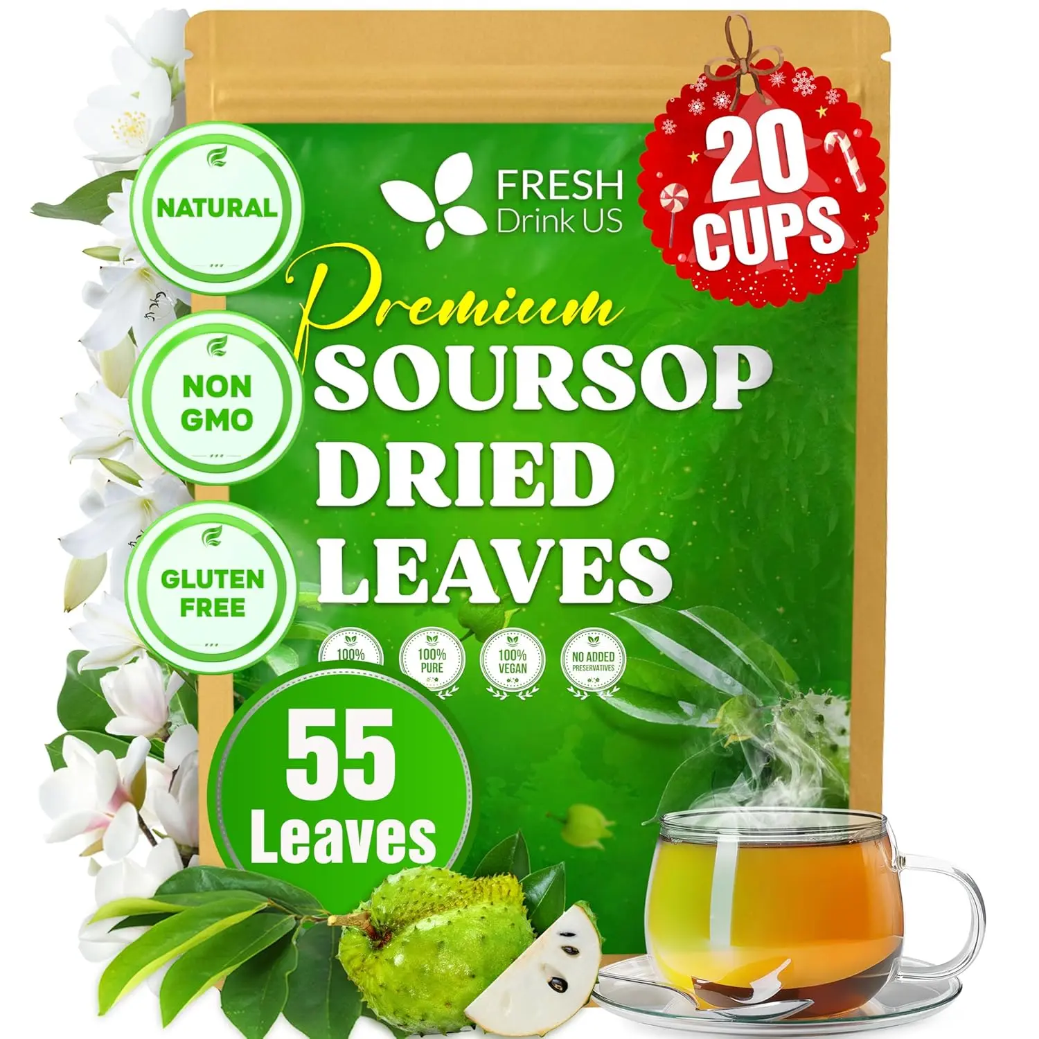 【FreshDrinkUS】 Premium Soursop Graviola Dried Leaves, Natural Leaves, Whole Soursop Leaves, Wildcrafted, Graviola, Soursop, Hoja Guanabana, Soursop Loose Leaf Herbal Tea, No Gluten, Vegan Beverage