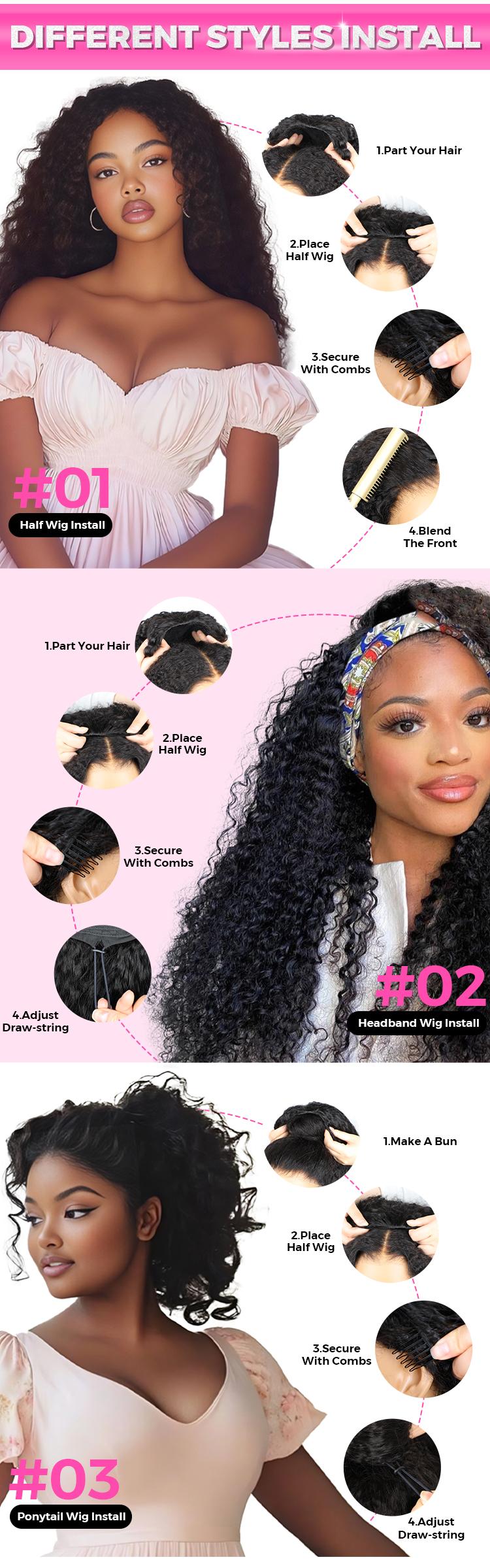CurlyMe Wear Go Half Wig 250% Density Afro Kinky Curly Natural Black Human Hair Wigs Upgrade With Drawstring Cap Invisible Hairline Seamless Flip Over 3 IN 1 Glueless Install Wigs Beginner Friendly