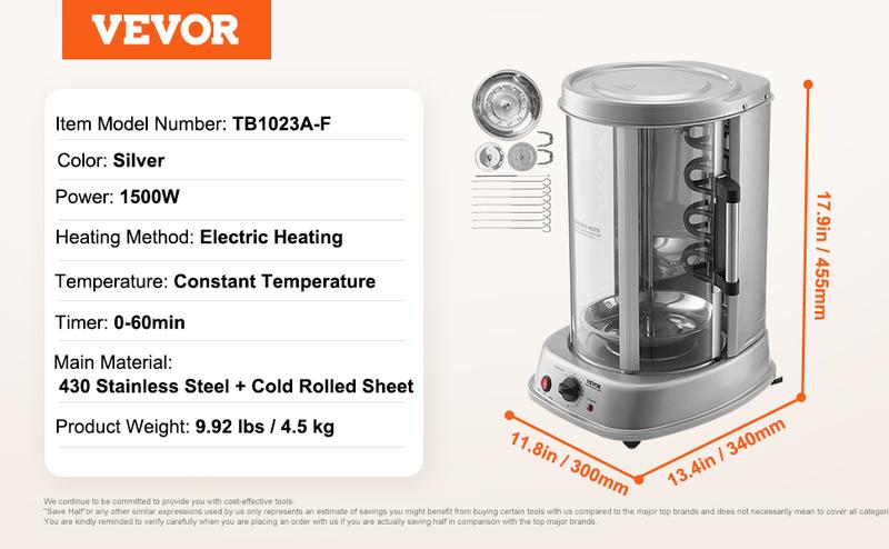 VEVOR Stainless Steel Shawarma Grill Machine Vertical Gyro Rotisserie Doner