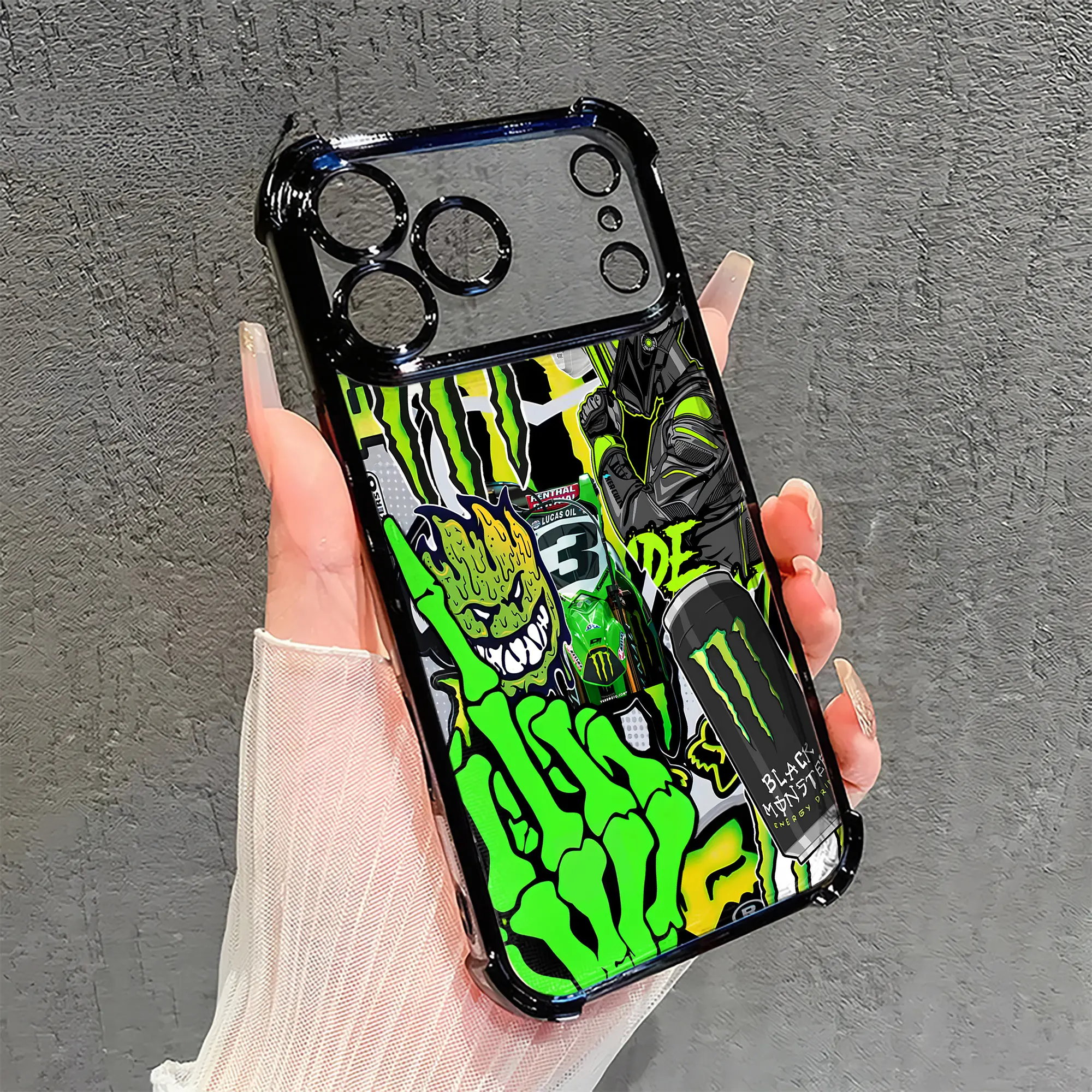 Phone Case For iPhone 17/16/15/14/13/12/11/X/Xsmax Plus Pro ProMax Monster Energy Dirt Bike Rider Skeleton Hand Sticker Bomb Collage Print Clear Soft Silicone Shockproof Protective Cover