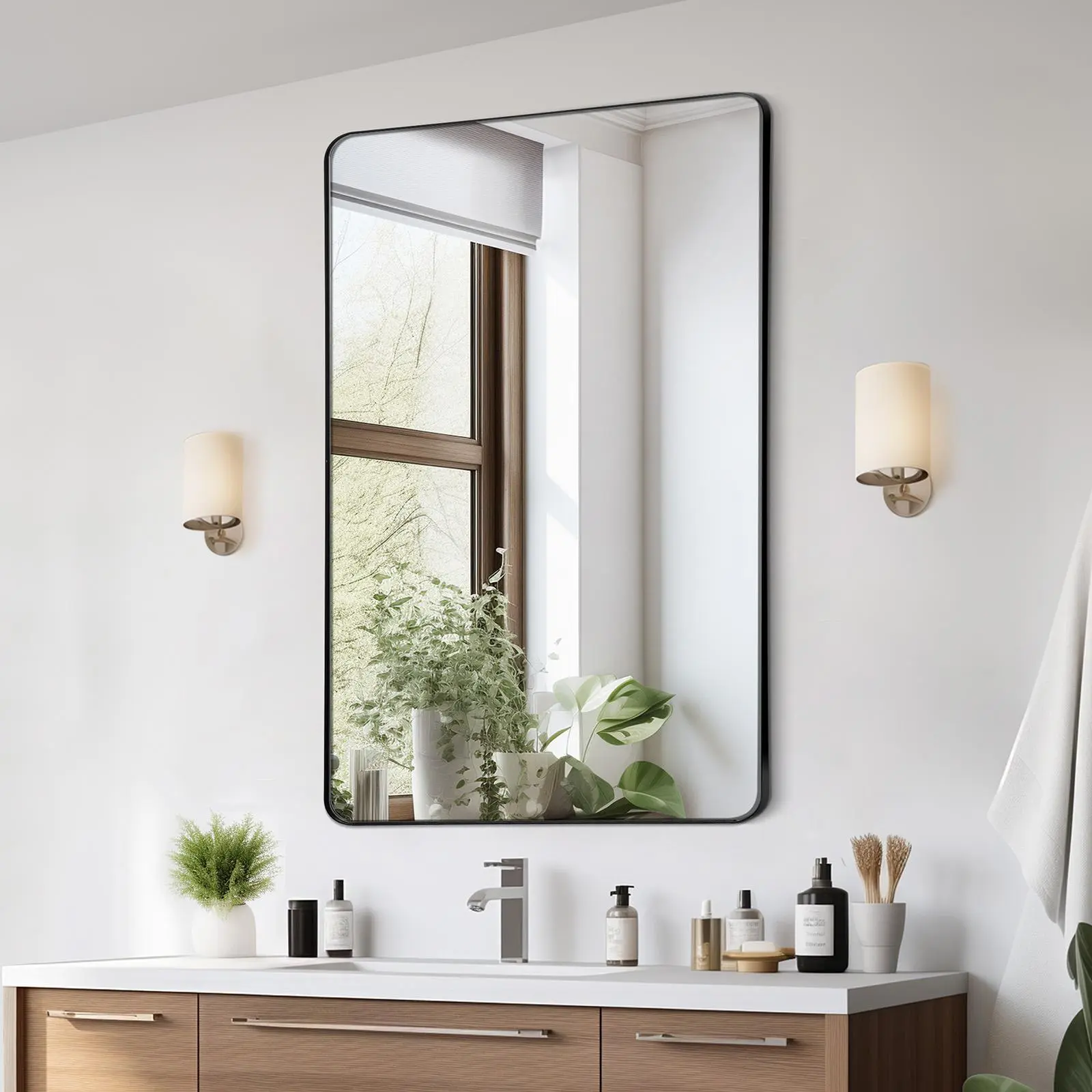 VEVOR Wall Mounted Modern Vanity Bathroom Mirror, 0.15" Thick 36" x 48" Rectangular Aluminium Alloy Frame, Lightweight Scratchproof Explosion-Proof Tempered Film, Z-Shaped Bracket, Detailed Imaging for Home Reflections, SohoChic