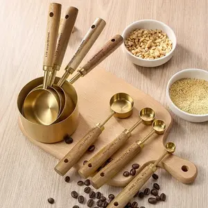 8PCS stainless steel measuring cup and spoon with gold wooden handle and scale, kitchen measuring tool with precise scale, vintage kitchen measuring tool
