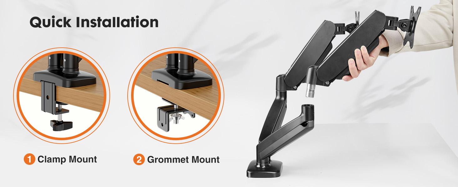 HomeSquad Adjustable Gas Spring Monitor Arm Stand with Swivel VESA Bracket, Height Adjustment, and Clamp/Grommet Base