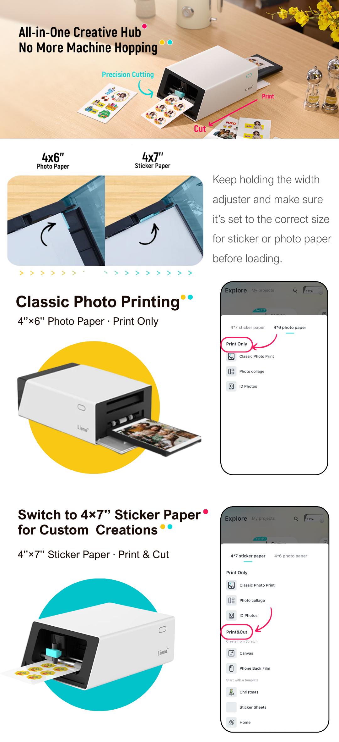 Liene PixCut S1 Photo Sticker Printer & Cutting Machine - All-in-One Sticker Maker Machine for DIY Crafts, Custom, Thermal Dye-Sublimation, 300 DPI Prints, Precise AI Auto-Cutting, AI Design App Support, February Stock Up