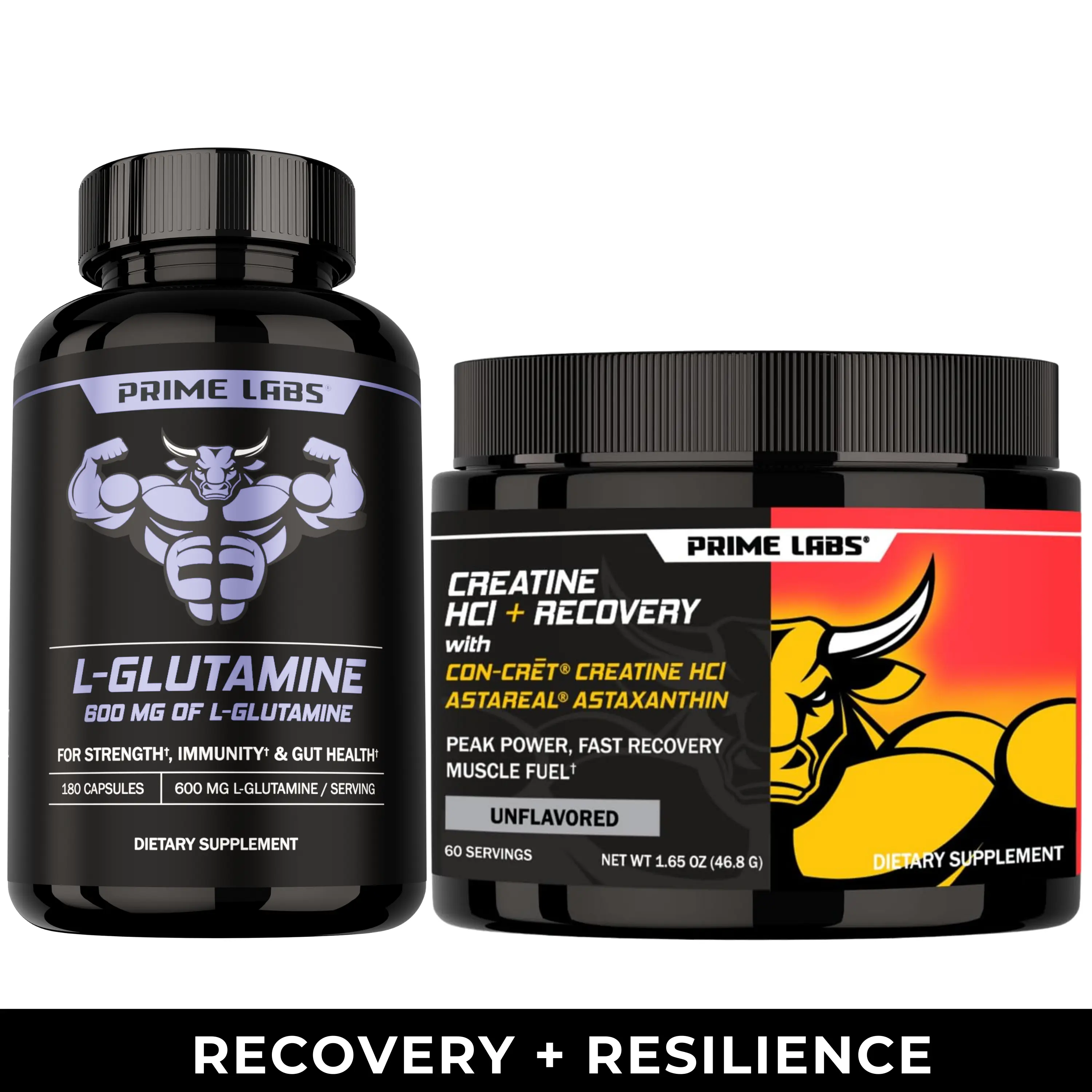 Prime Labs Creatine HCl Powder + L-Glutamine Bundle - Strength, Muscle Recovery and Gut Health Support - CON-CRET Creatine with AstaReal Astaxanthin + 600mg L-Glutamine Healthcare Supplement
