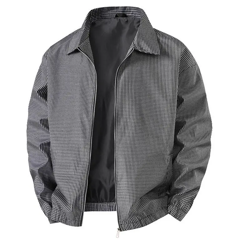 Men’s plaid aviator jacket, black and white checkered zip-up outerwear, casual lightweight windbreaker, long-sleeve street-style top