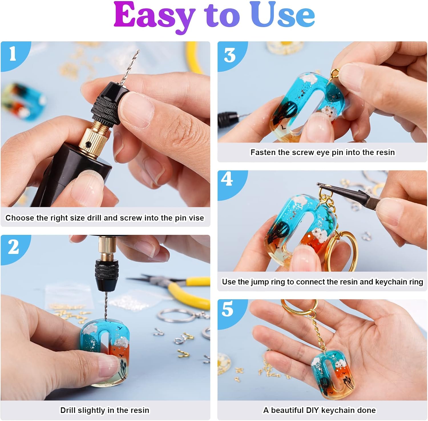 Electric Resin Drill, 74 Count Hand Drill Supplies with 3-Jaw Clamp-Applicable to A Larger Drilling Range (0-3mm), Grip Nose Pliers, Keychain Making Kit, Tools for Resin Art - LET'S RESIN Electric Resin Drill, 74 Count Hand Drill Supplies with 3-Jaw Clamp-Applicable to A Larger Drilling Range (0-3mm), Grip Nose Pliers, Keychain Making Kit, Tools for Resin Art - LET'S RESIN