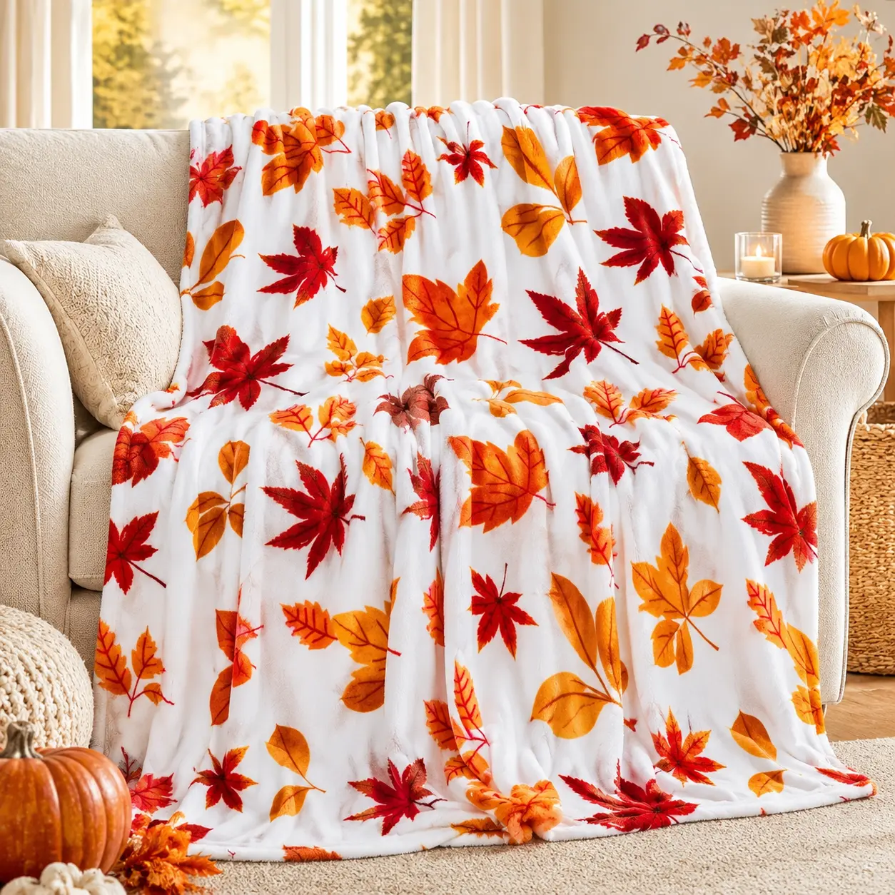 Farmhouse Flannel Fabric Blanket - Fall Maple Leaves Pattern, Soft Touch, Cozy Warm Fuzzy Plush Throw with Autumn Red Orange Design - Thanksgiving Gift for Living Room Bedroom Home Relaxation Decor
