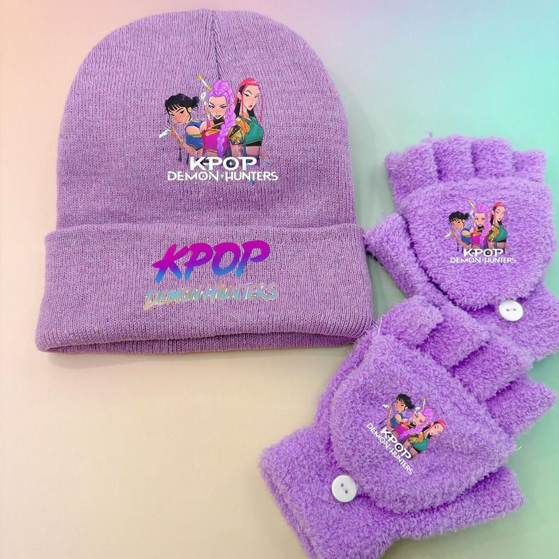 Kpop Anime Emroidered Beanie Hat and Matching Plush Gloves Set Purple Knitted Winter Cap with Rumi Zoey Mira Cartoon Print for Autumn and Winter Wear