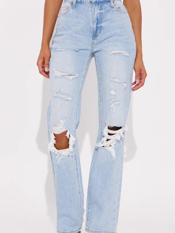 Posted Stretch Ripped Straight Leg Jeans - Light Wash