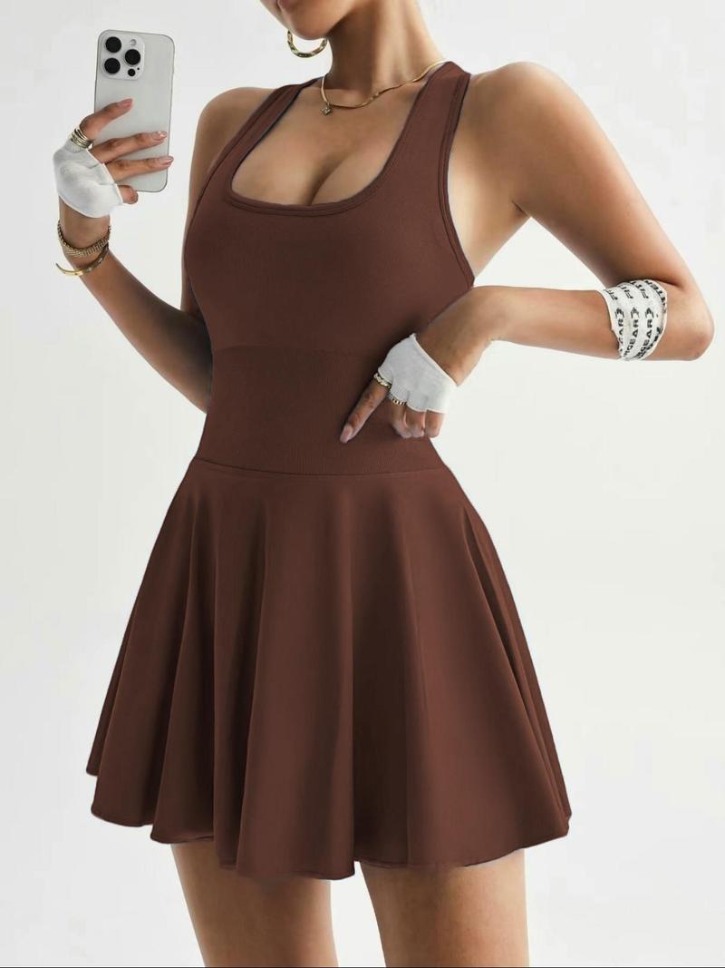 Women's Sleeveless Red Dress with Pockets High Stretch Polyester Sporty Flared Skirt Machine Washable Yoga Tennis Dress Casual Summer Athletic Outfit for Women