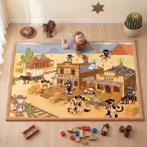 PaPaMat 1.5" Thick Western Cowboy Adventure Baby Floor Play Mat, Flannel Padded Memory Foam Kids Mat, Non-Slip Plush Playmat for Nursery Playroom Classroom
