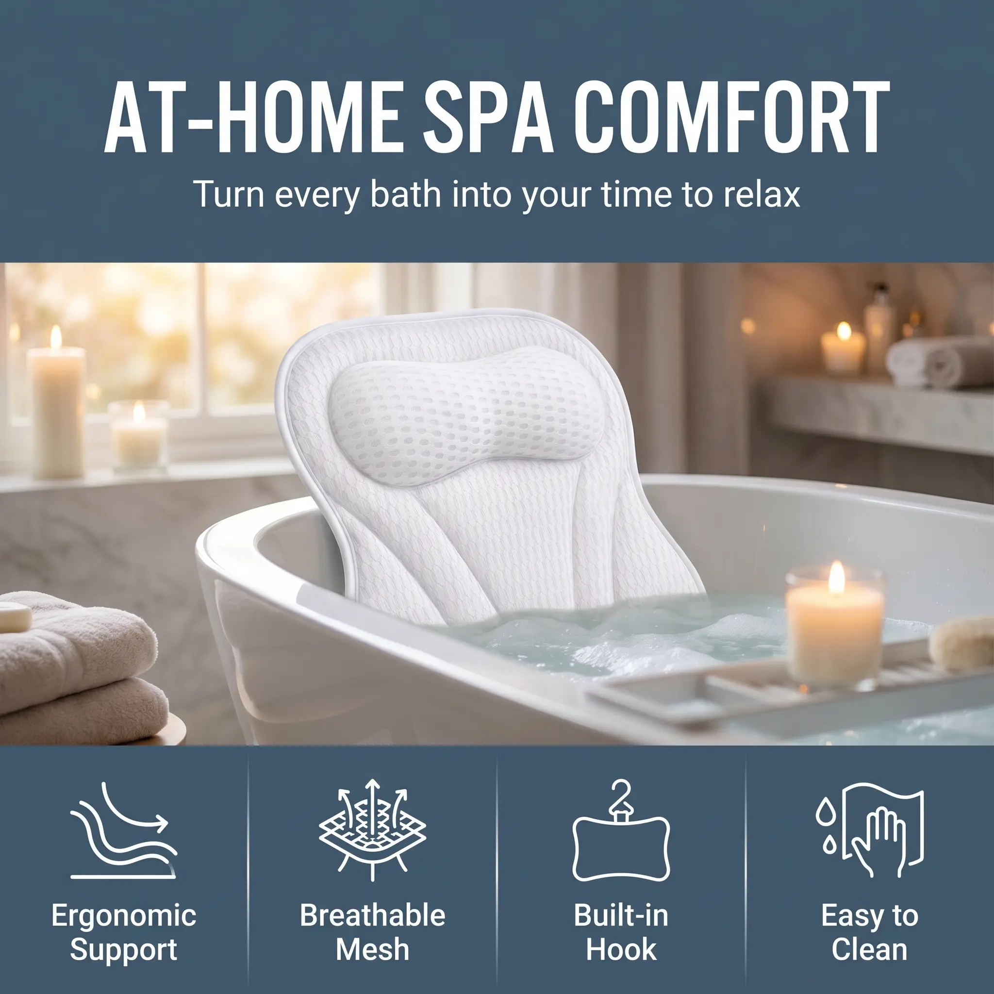 Smooth Breathable Mesh Bath Pillow - 4D Curved Ergonomic Design, 6 Powerful Suction Cups, Lightweight Durable PVC, Machine Washable, Wash-Clean Easy, Soft Skin Contact, Neck & Shoulders Relaxation Aid, Bathroom Accessory, Beauty & Personal Care Gift