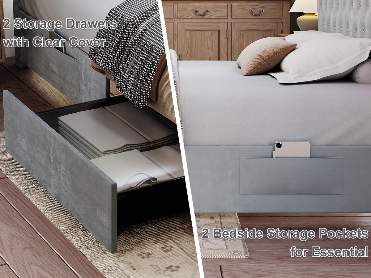 Queen LED Bed Frame with 2 Storage Drawers, Upholstered Platform Bed with Crystal Button Tufted Headboard, Noise-Free, No Box Spring Needed – PU & Velvet, Black/Gray/White/Cream