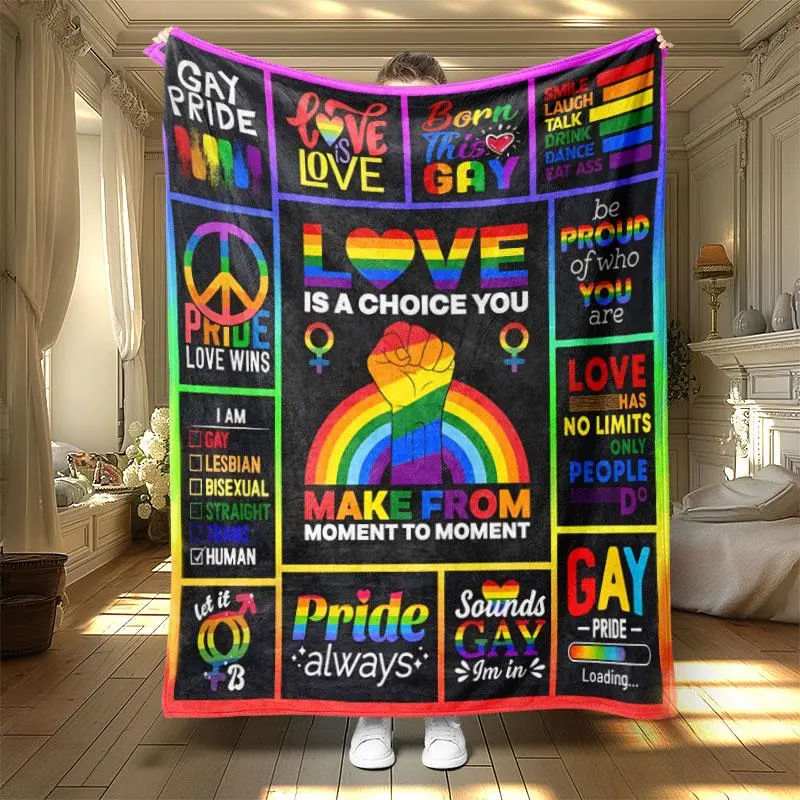 LGBT Rainbow & Letter Pattern Blanket, 1 Count Soft Warm Knitted Throw Blanket, Decorative Blanket, Air-conditioned Room Blanket, Bedding Supplies for Home Office Travel, Graphic Throw Blanket, Cozy Throw Blanket