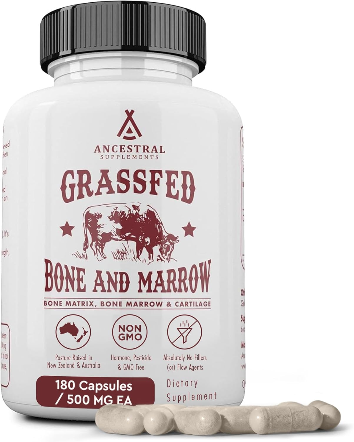 Ancestral Supplements Grass-Fed Beef Bone & Marrow Capsules (180 Count), Freeze-Dried, Non-GMO Lean Muscle Booster Fitness Wellness Protein Healthcare