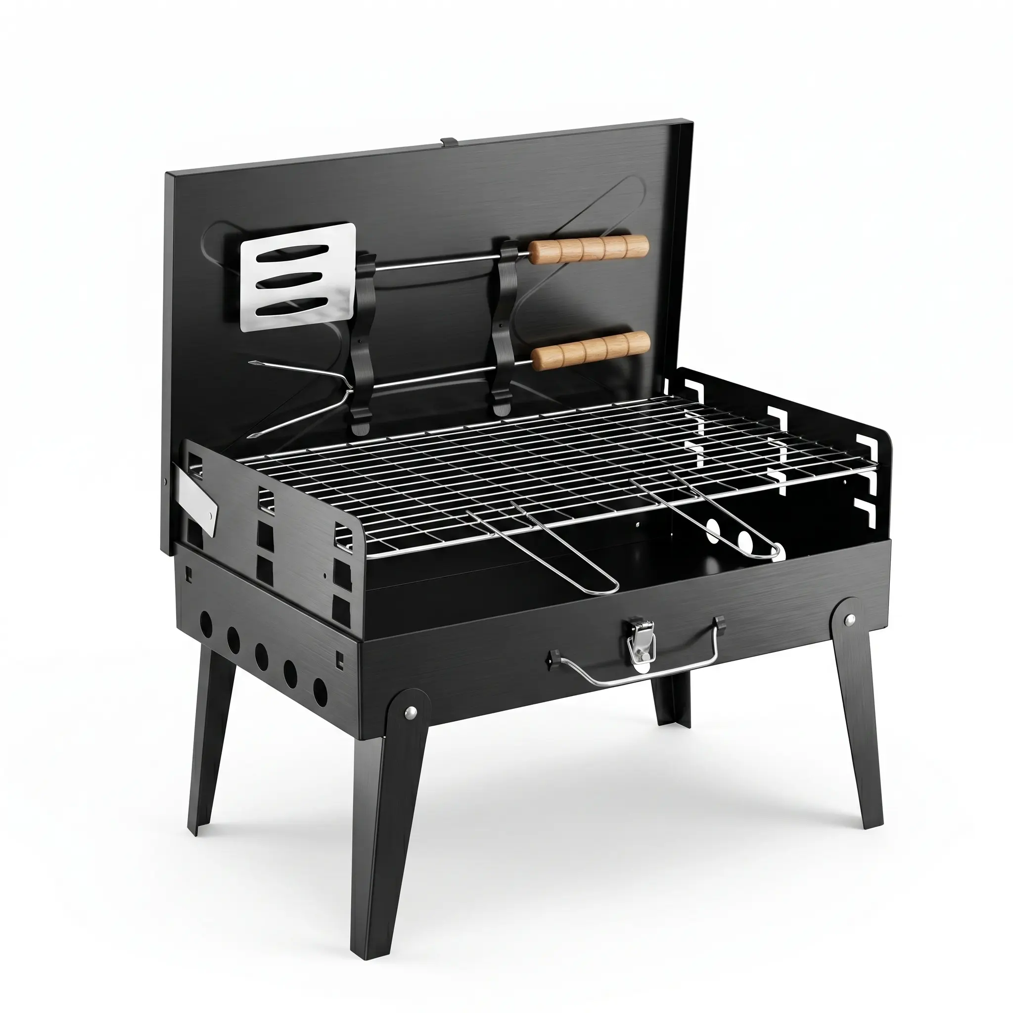 Foldable Heavy-Duty Cast Iron & Stainless Steel BBQ Grill, Portable Charcoal Barbecue with Adjustable Height, Compact Outdoor Cooking Grill for Camping, Backyard, Beach