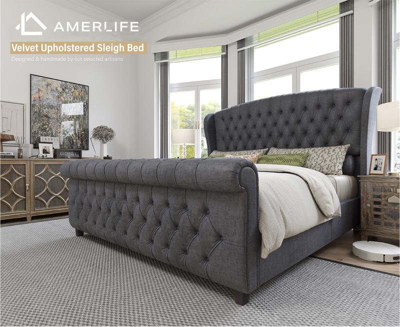 AMERLIFE Platform Bed Frame,Velvet Upholstered Sleigh Bed with Scroll Wingback Headboard&Footboard/No Box Spring Required/Christmas Gift/Best Gift Ideas