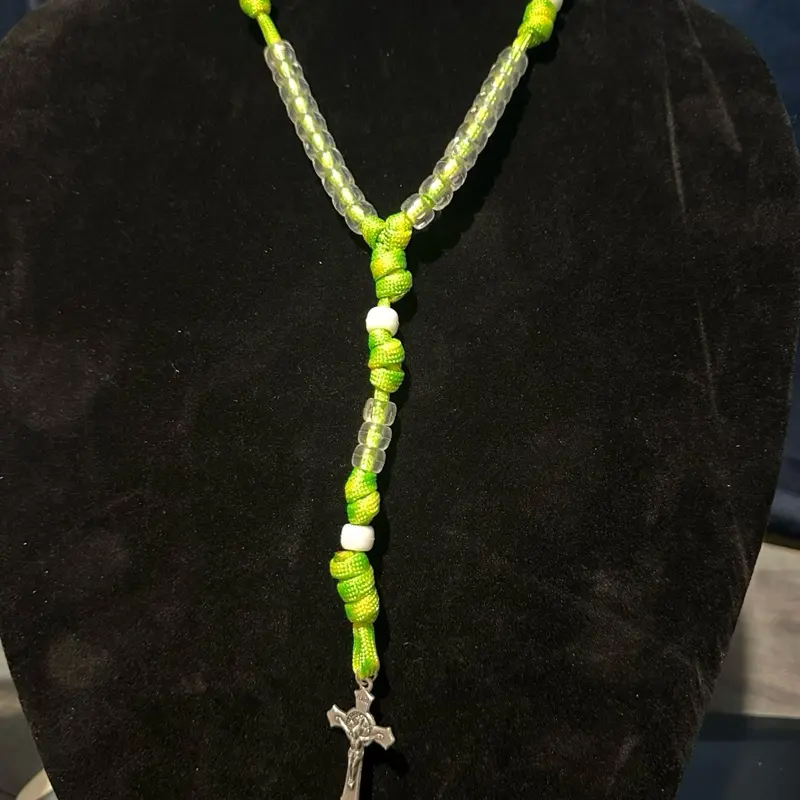 Handmade paracord 5 decade rosary blessed dayglow camo and clear