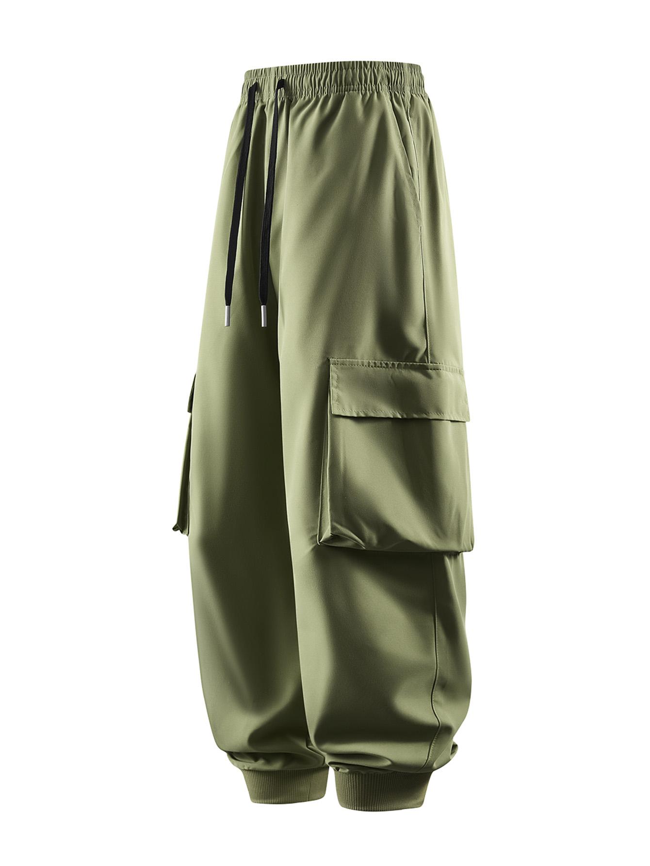 CCCMAI Men's Casual Solid Color Sports Pants, Casual Work Pants with Multiple Flap Pockets, Drawstring Waistband, Lightweight, Soft, Polyester, Outdoor Work Pants, Running Pants with Pockets, 100% Polyester Fiber, Non-Stretch Menswear