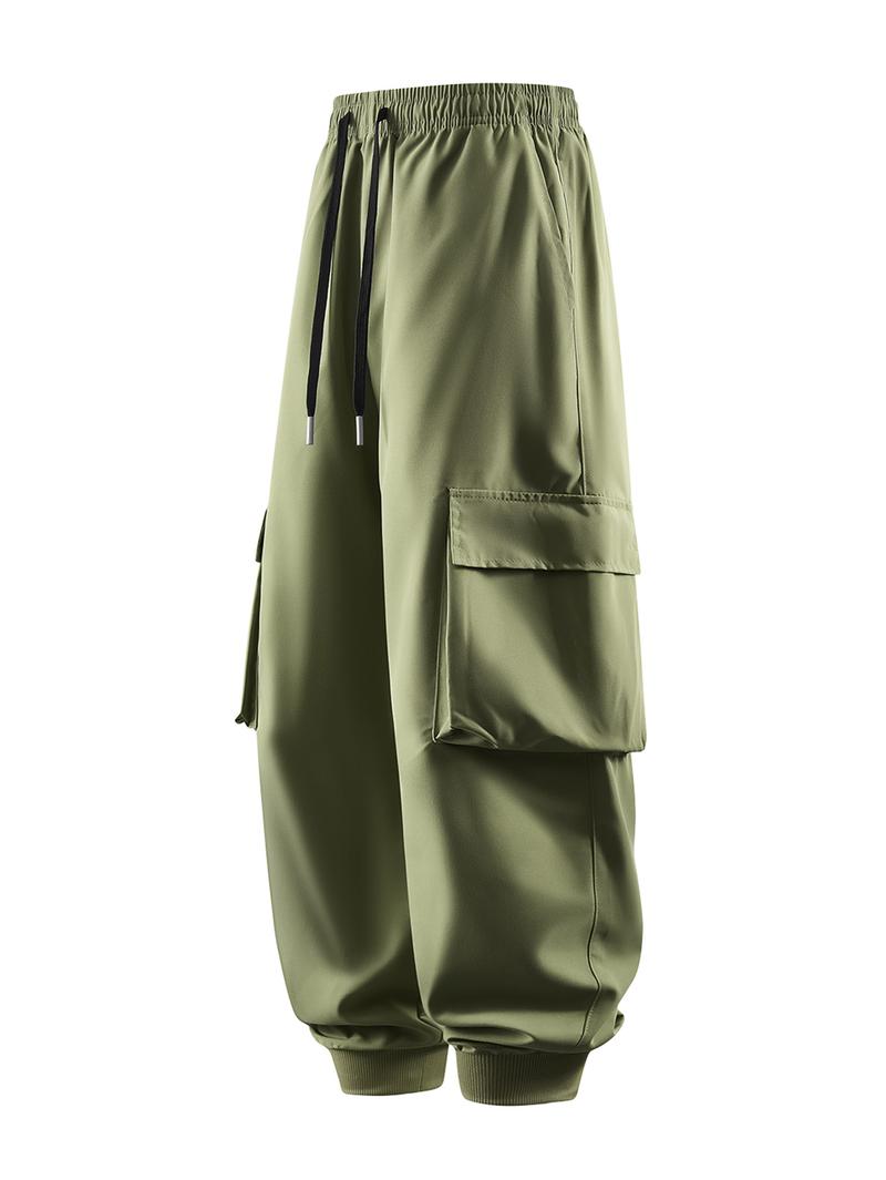 CCCMAI Men's Casual Solid Color Sports Pants, Casual Work Pants with Multiple Flap Pockets, Drawstring Waistband, Lightweight, Soft, Polyester, Outdoor Work Pants, Running Pants with Pockets, 100% Polyester Fiber, Non-Stretch Menswear