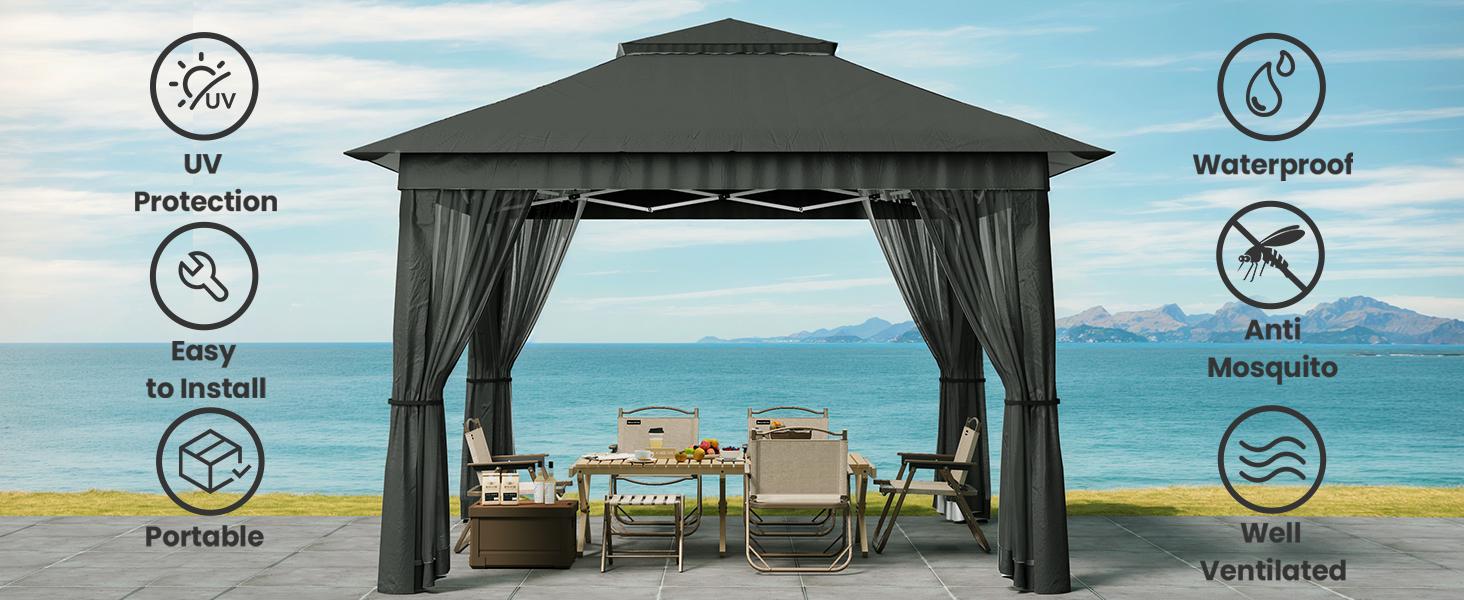 Gizoon 11x11 Pop Up Gazebo Tent with Mosquito Netting, Instant Gazebo, Party Tent with Roller Bag, Pop Up Canopy Tent for Parties Patio Lawn Backyard Garden Deck, Grey
