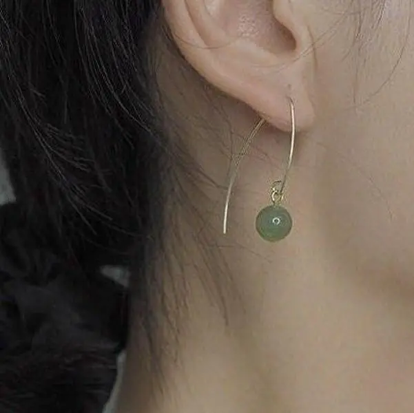 Natural Hetian Jade Earrings, Long Hoop Earrings with Jade