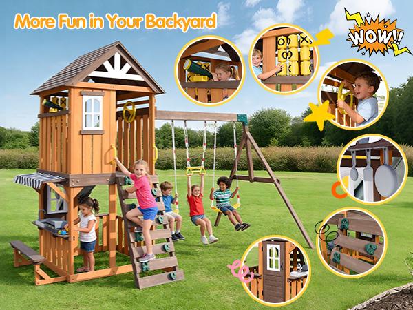 Cedar Wood Swing Set with Wave Slide Play Kitchen Rock Wall Ladder Belt Swings Toy Telescope Steering Wheel Tic-Tac-Toe Balconies Outdoor Playhouse Playground Set for Backyard Garden