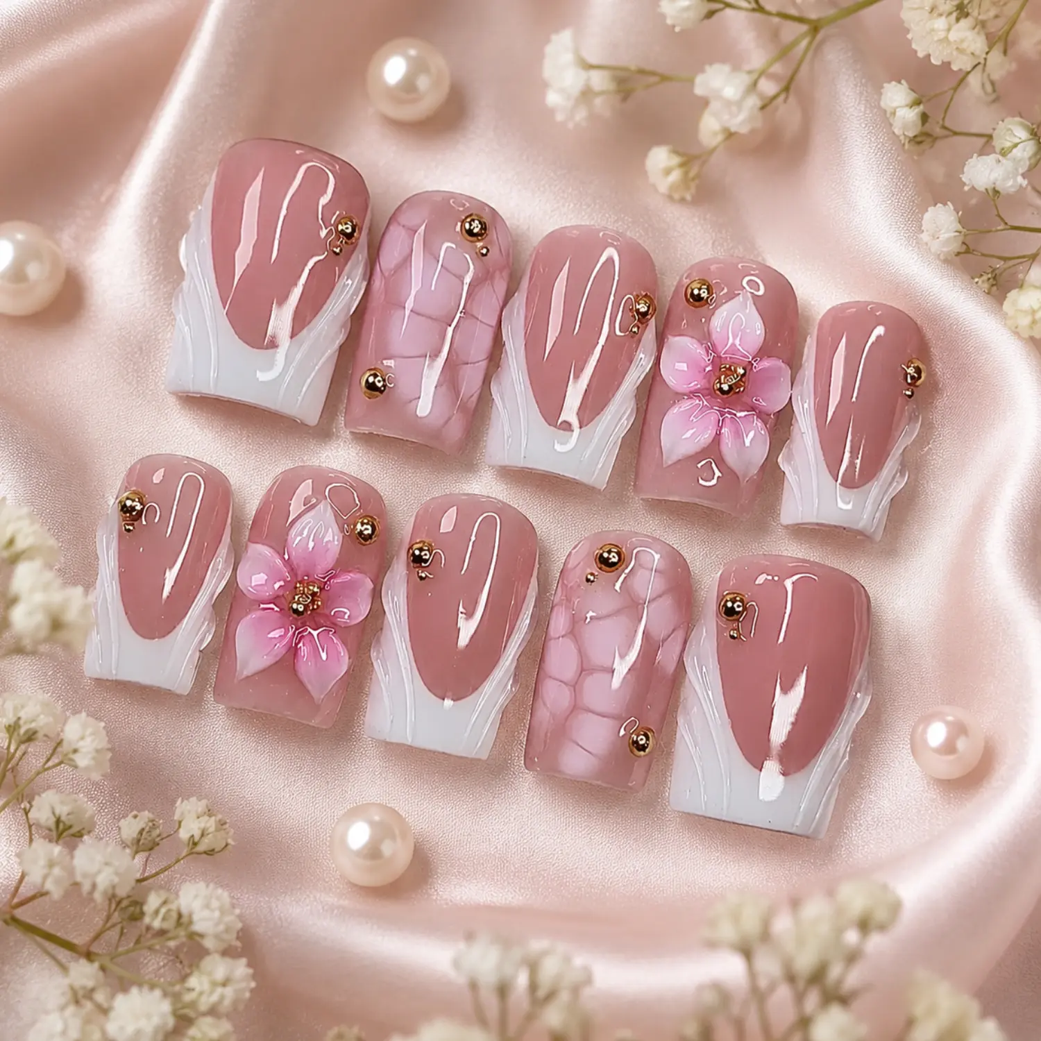 Soft Pink Floral Press On Nails, Sculpted Flower Accent, White Marble French Design, Elegant Handmade Bridal Nail Set