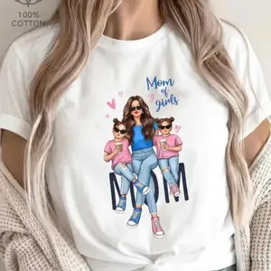 Cotton Short Sleeve T-Shirt Mom of Girls Cartoon Printed T-Shirt, Y2K Style, Short Sleeve, Crew Neck, Polyester, Mother'S Day Gift Fun and playful mom life graphic tee