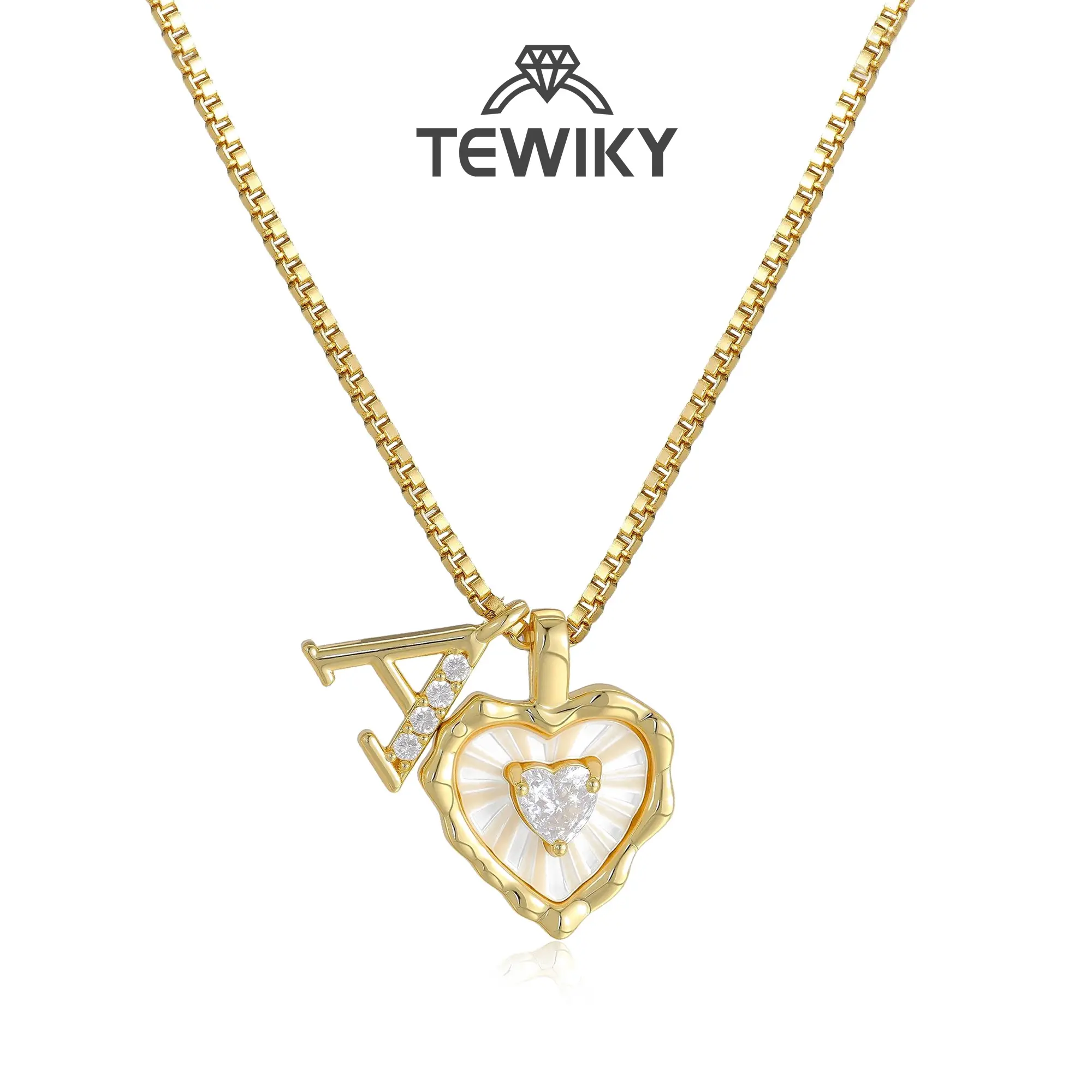 Tewiky Gold Box Chain Scalloped Shell Heart CZ Initial Necklace A–Z Micro Pave Letter Pendant For Valentine's Day gifts Dainty Gold Letter Elegant Necklace